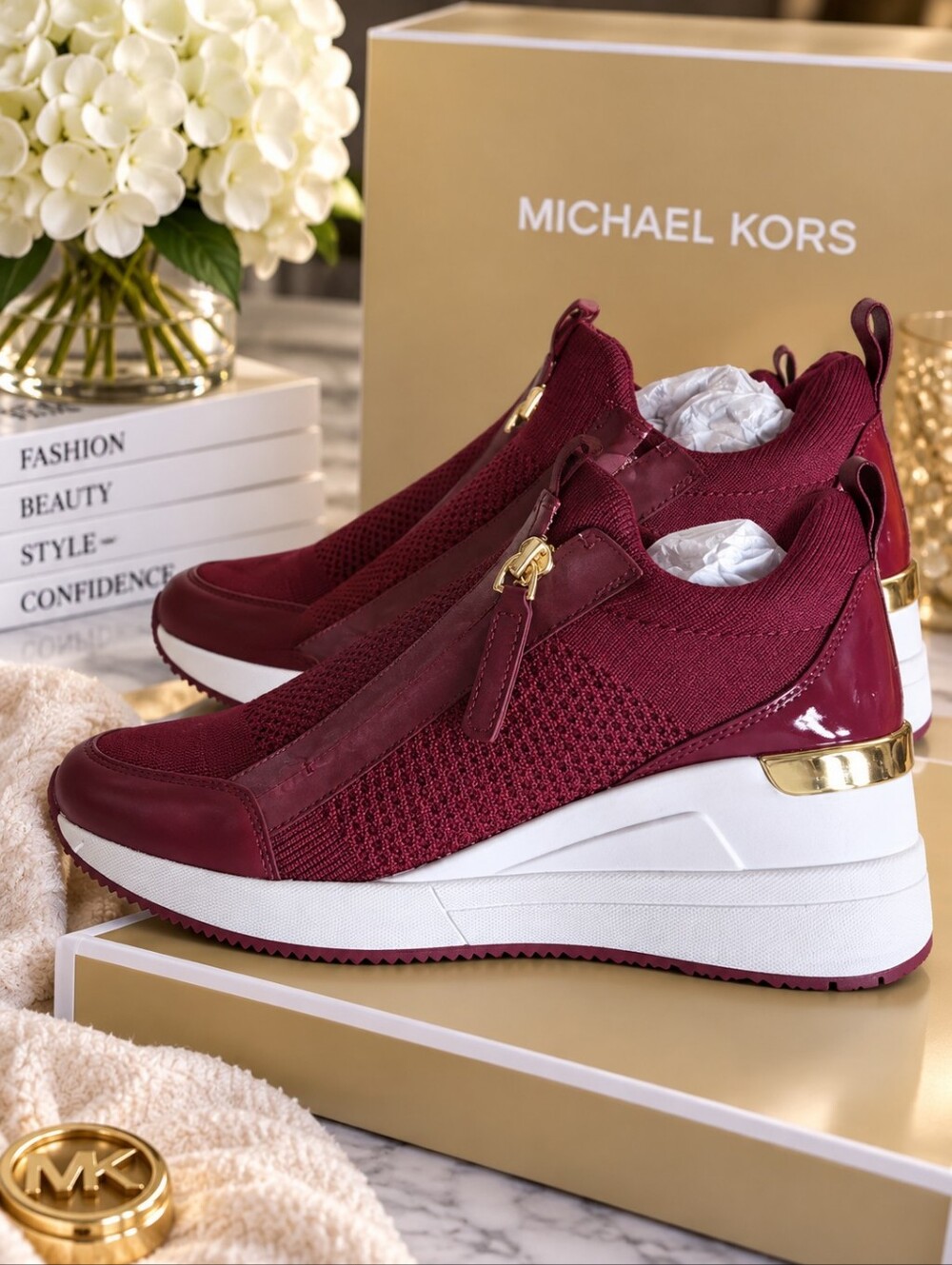Michael Kors Willis Wedge Knit Sneakers Burgundy Red Gold NIB Size 7
